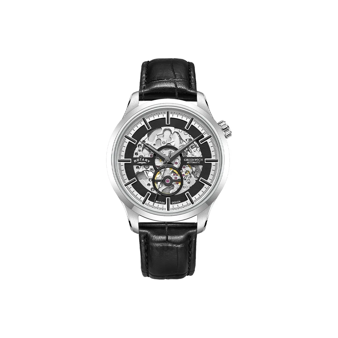 ROTARY Canterbury Series Wrist Watch Mechanical Movement Genuine Leather Strap Black Dial Men's Watches