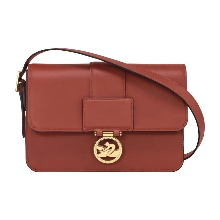 LONGCHAMP BOX TROT Calfskin Shoulder Bag, Crossbody Bag Medium Size Women's Reddish Umber