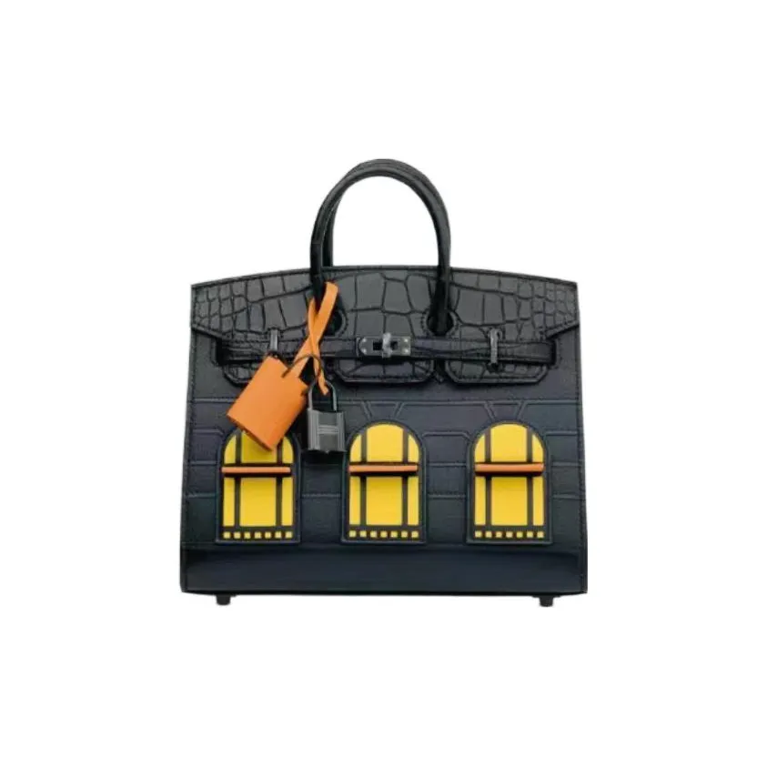 HERMES Birkin Cow Leather With Crocodile Leather Black House Birkin Bag Handbag Medium Size Women's Black