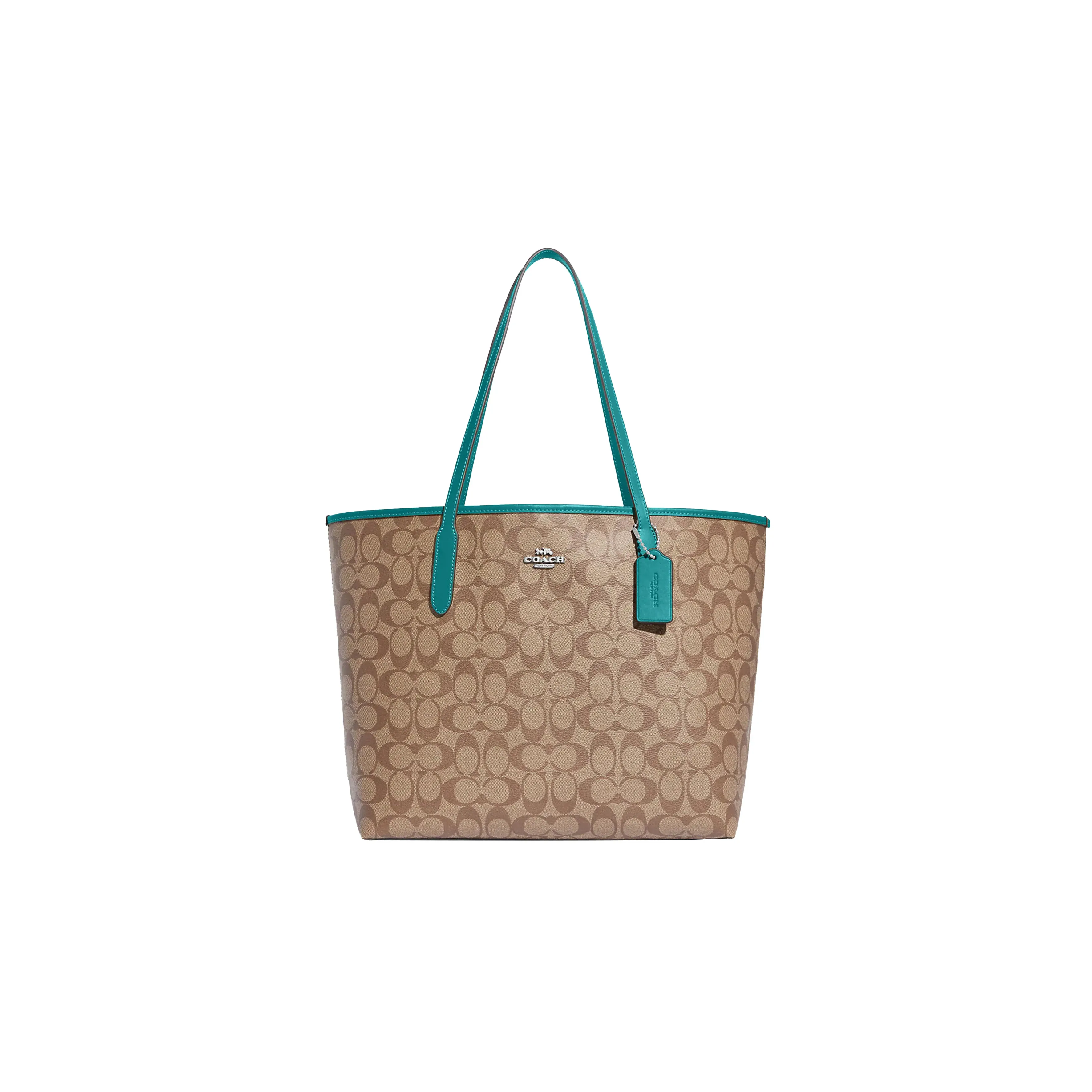 COACH City Canvas With Leather Tote Bag, Shopping Bag, Shoulder Bag, Handbag Tubas Women's Khaki & Blue & Green