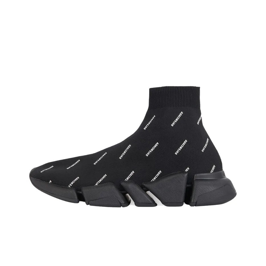 Balenciaga Speed 2.0 Sneakers 'Black Knit With White Allover Logo'