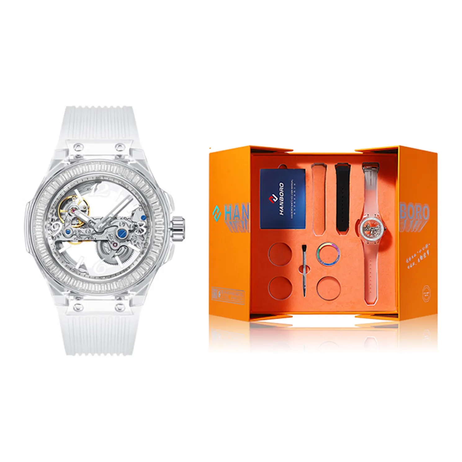 HANBORO All Black Collection Automatic Mechanical Movement Silicone Strap Watch Unisex White Dial HBR986-BB
