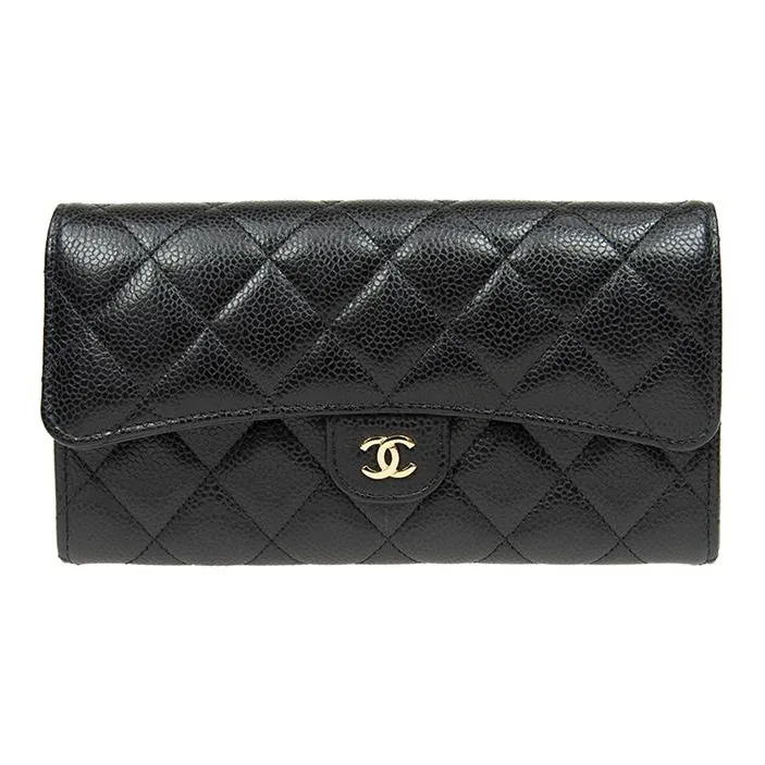 CHANEL Beaded Embossed Calfskin With Metal Accents Card Holder Wallet Women's Black