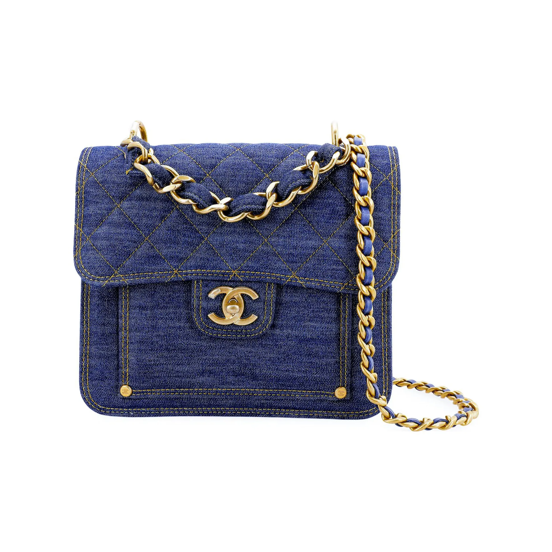 CHANEL Denim Flap Bag, Messenger Bag, Crossbody Bag, Shoulder Bag Medium Size Unisex Washed Denim Blue