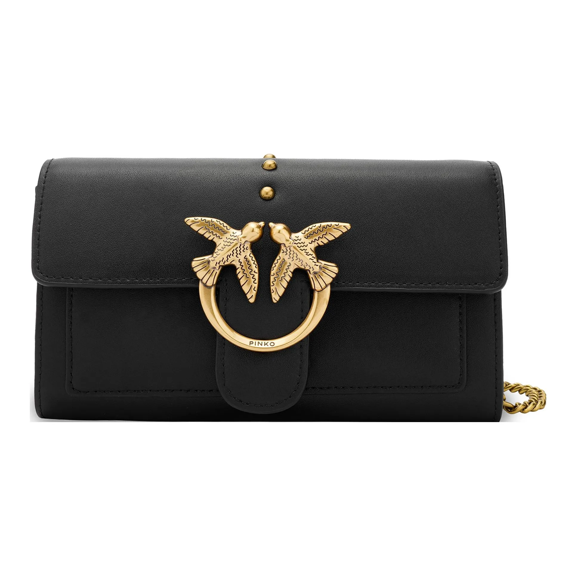 PINKO Leather Bird Bag, Swallow Bag, Wallet, Card Holder, Crossbody Bag, Shoulder Bag Women's Black/Black Gold