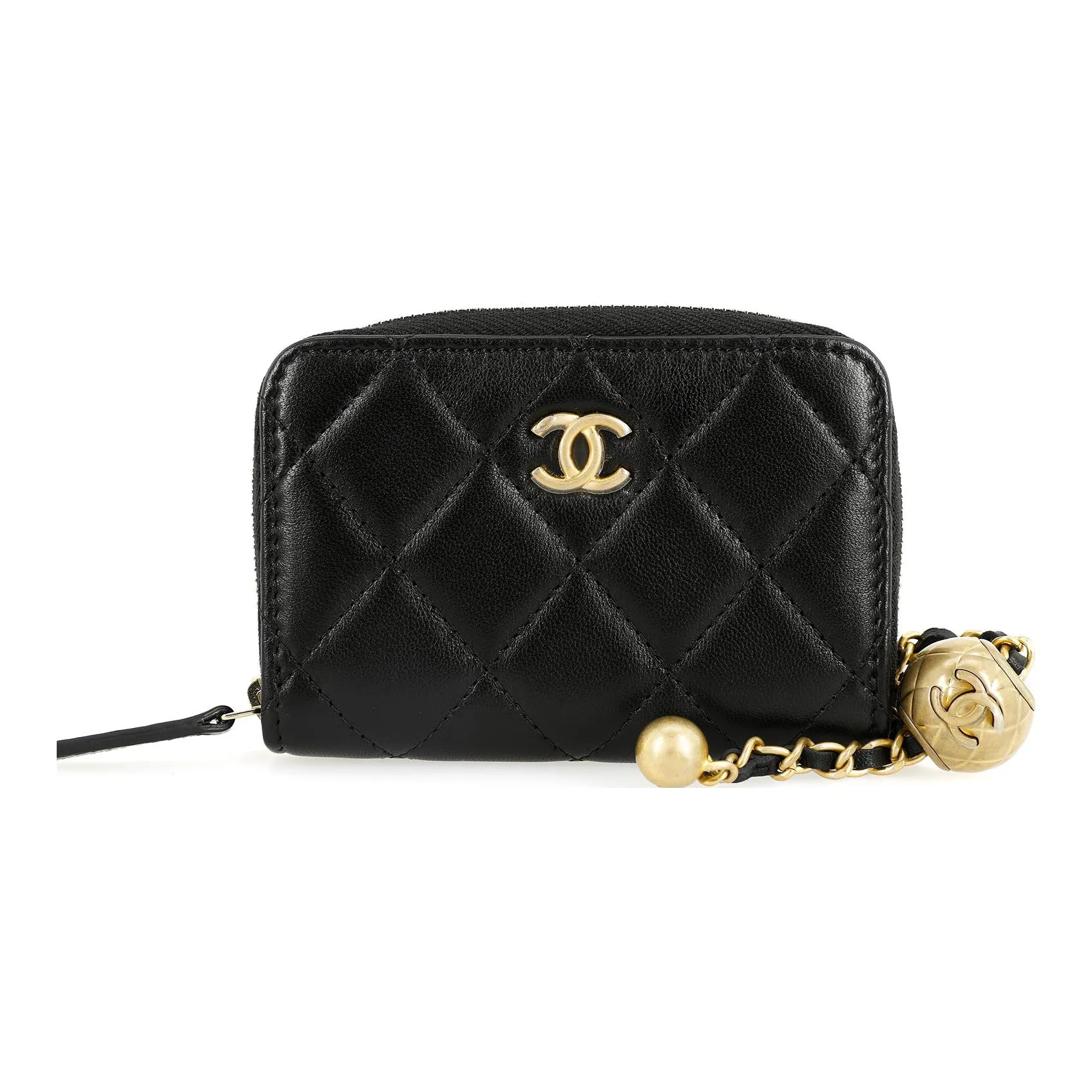 CHANEL Little Golden Ball Lambskin Card Holder, Coin Purse Mini Women's Black