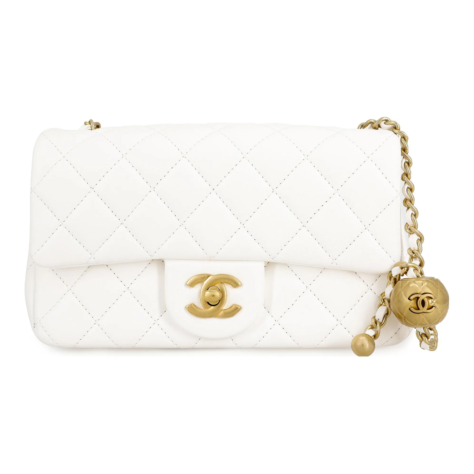 CHANEL Small Gold Ball Classic Flap CF Sheepskin Flap Bag, Shoulder Bag, Crossbody Bag Mini Women's White