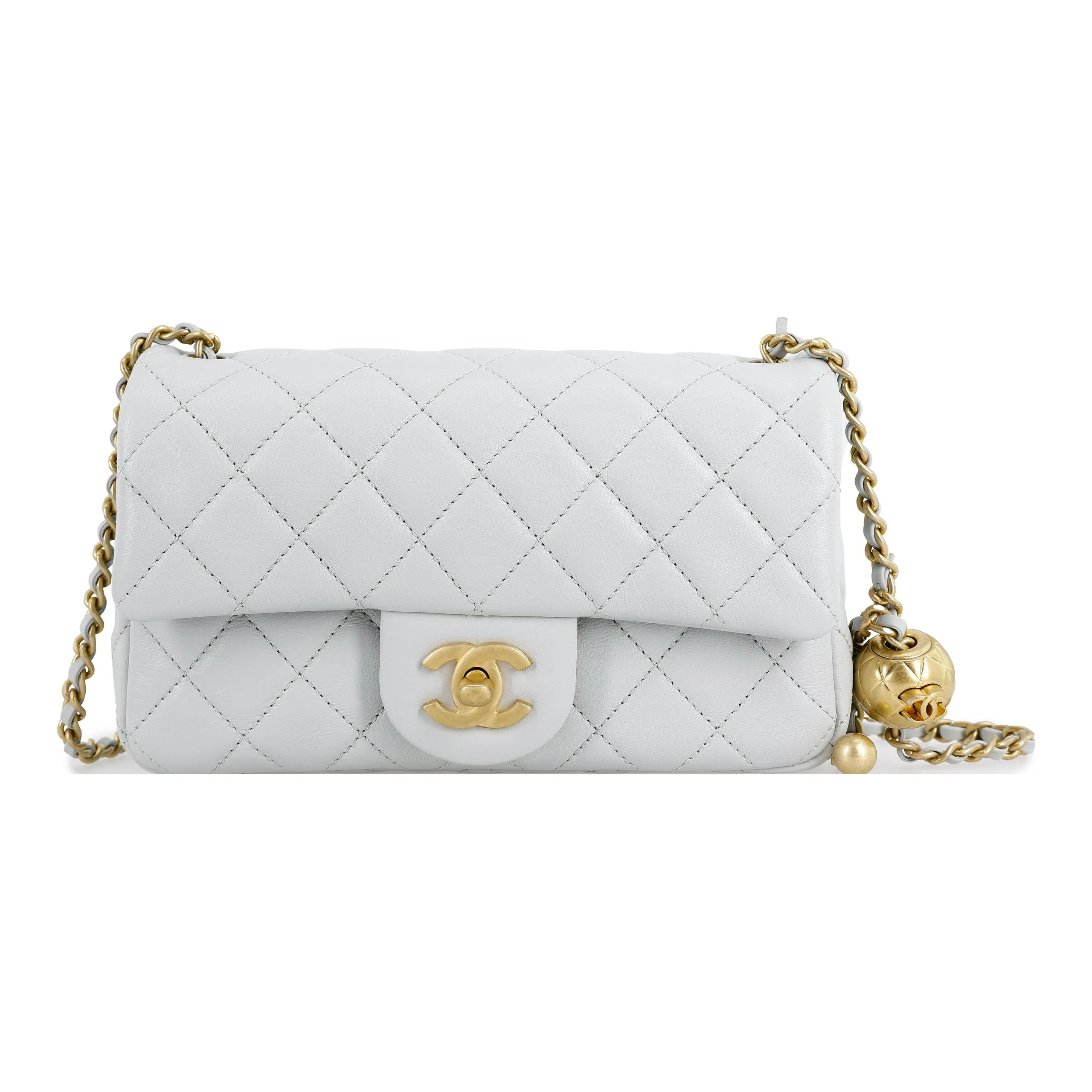 CHANEL Small Gold Ball Classic Flap CF Sheepskin Small Square Bag, Shoulder Bag, Crossbody Bag Mini Women's Light Gray