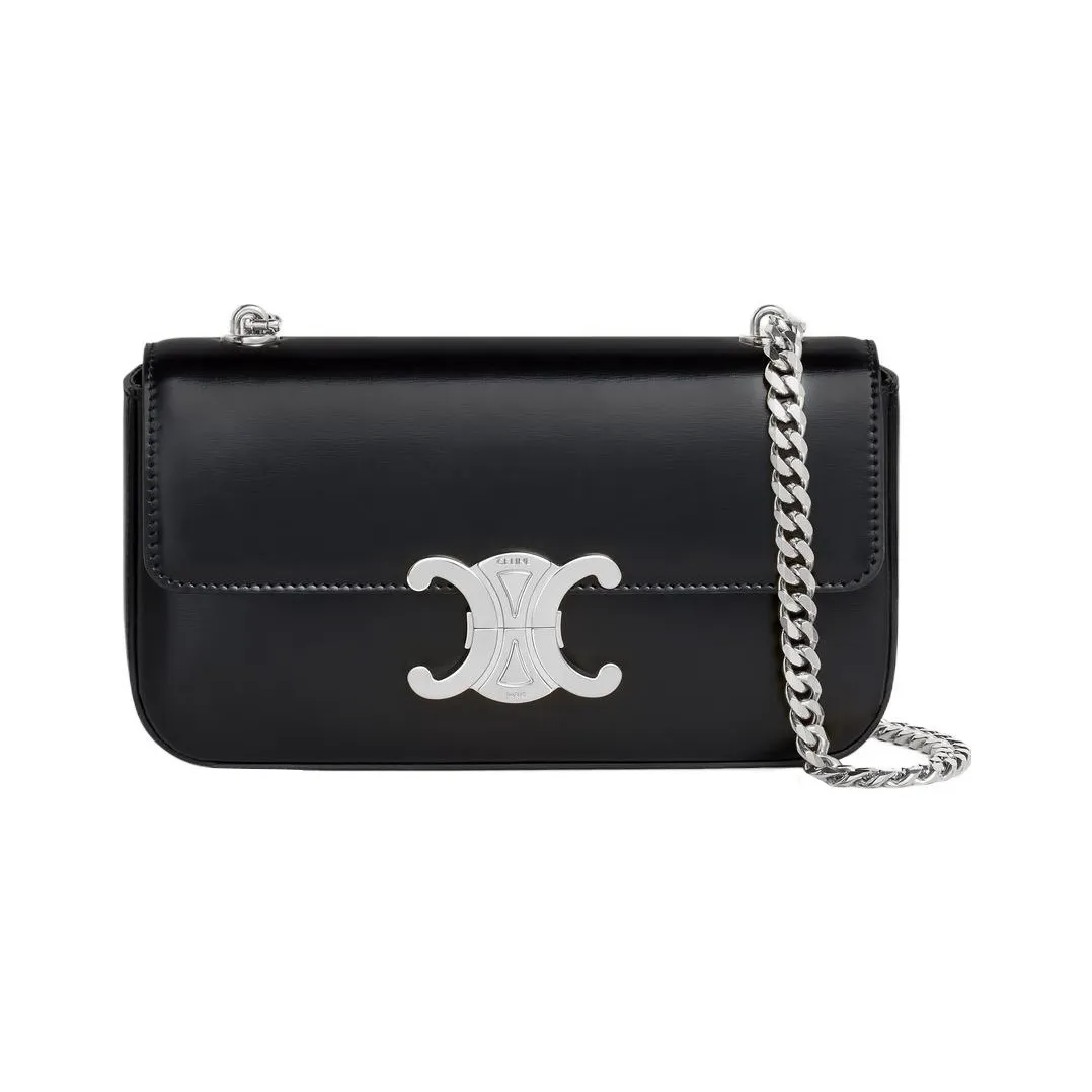 CELINE Triomphe Satin Calfskin Shoulder Bag, Handbag, Shoulder Bag Women's Black