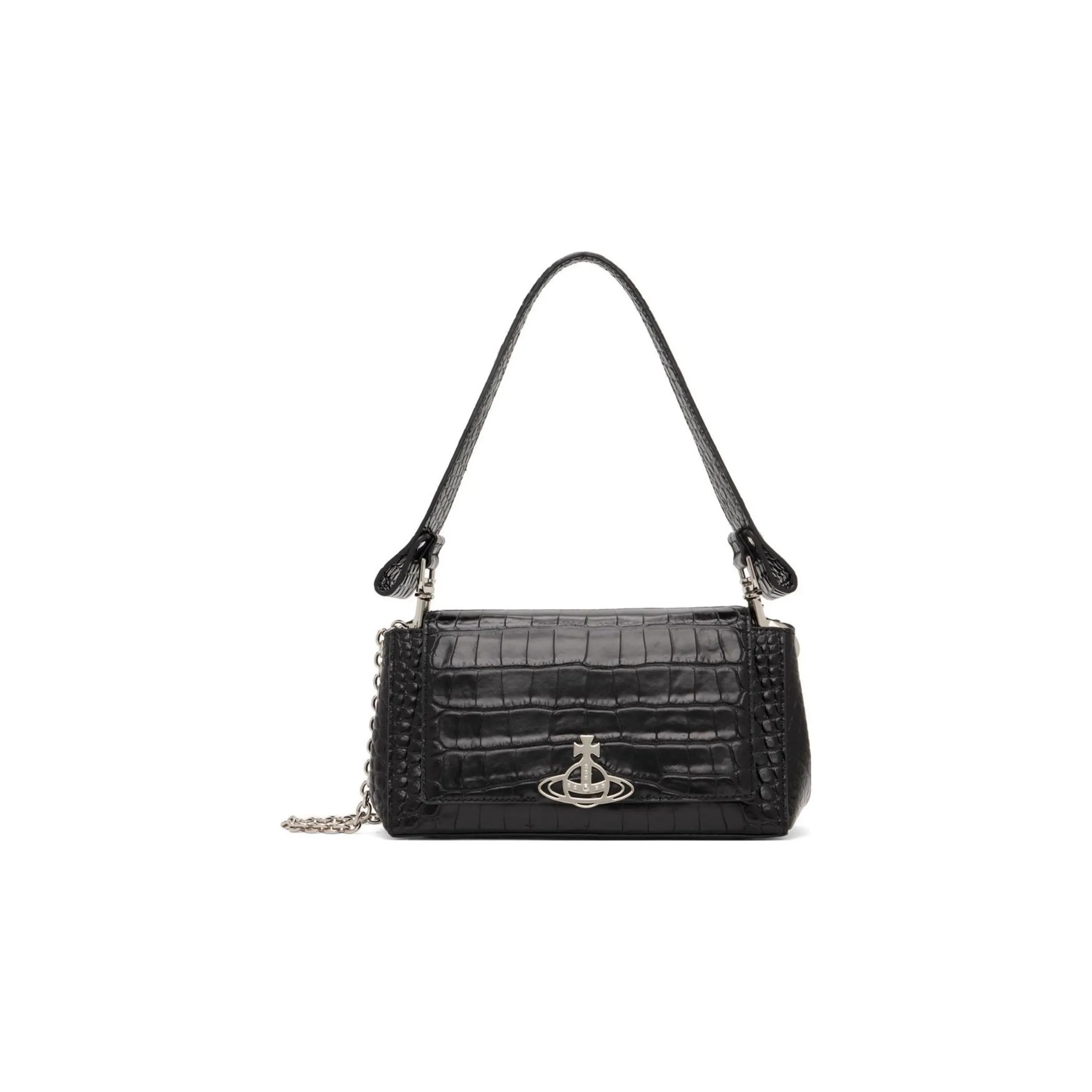 Vivienne Westwood Crocodile Pattern Leather Shoulder Bag, Baguette Bag, Handbag, Shoulder Bag Medium Size Women's Black