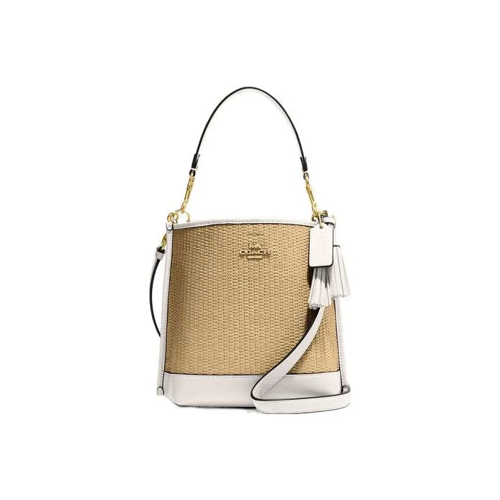 coach Sig Mollie Straw Woven Leather Bucket Bag Handbag Shoulder Bag Crossbody Bag Small Size Women's White