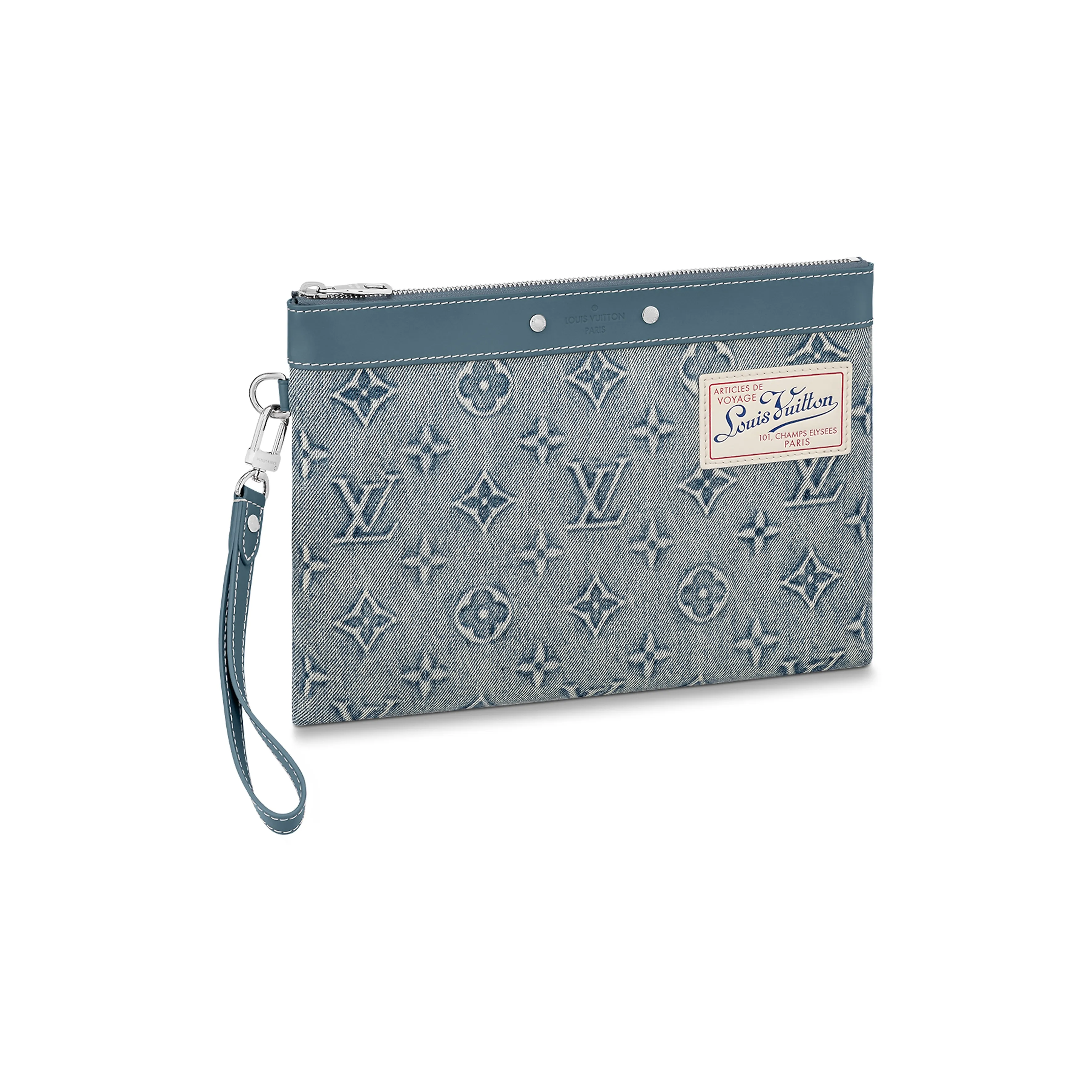 Porte-documents Louis Vuitton Porte documents Voyage en toile damier grise et cuir noir Canvas Cow Leather Patchwork Canvas Bag Clutches Men's Denim Blue