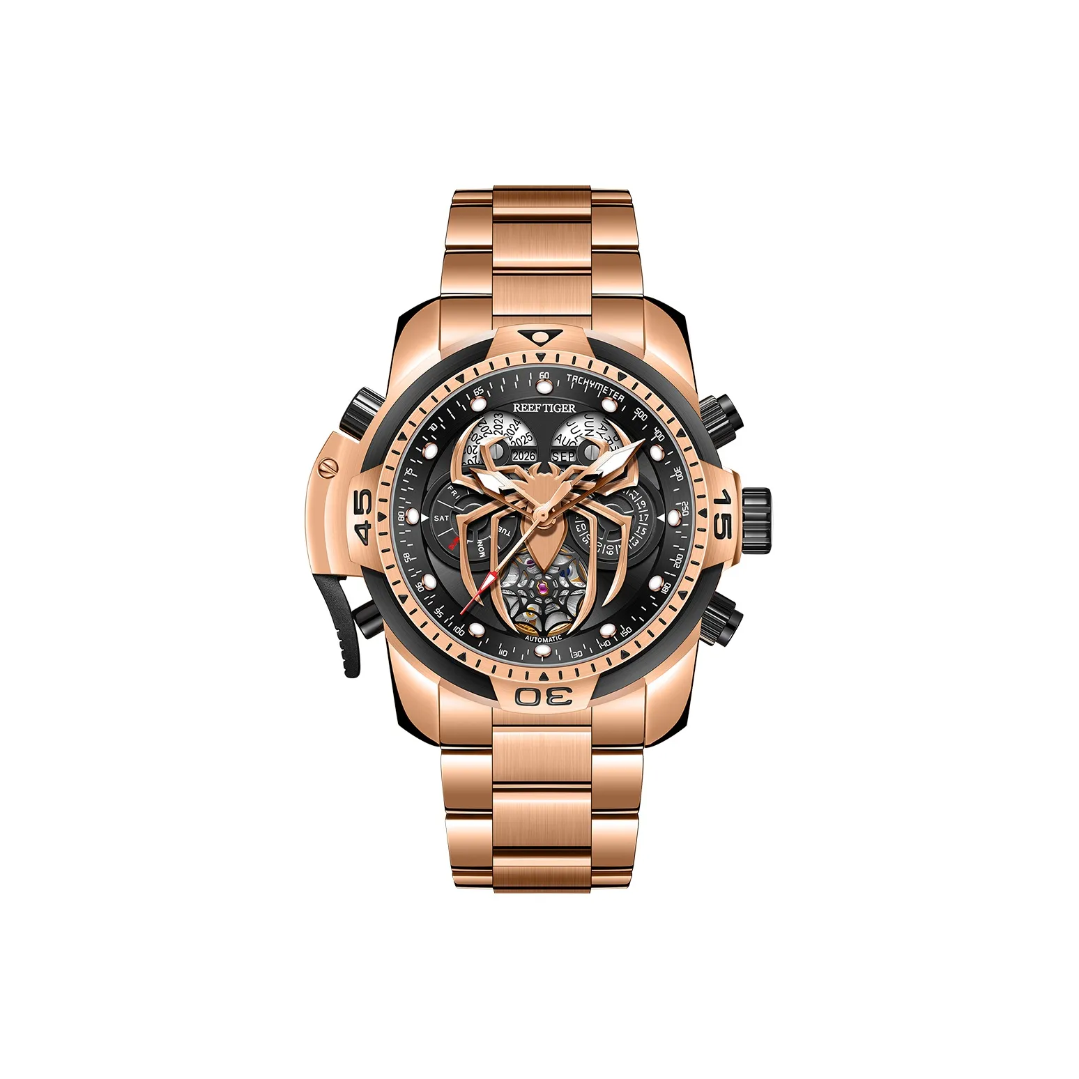 REEF TIGER Aurora Collection Восемиметровый паук Механический механизм Часы Мужские Черный циферблат RT3532S MHJ