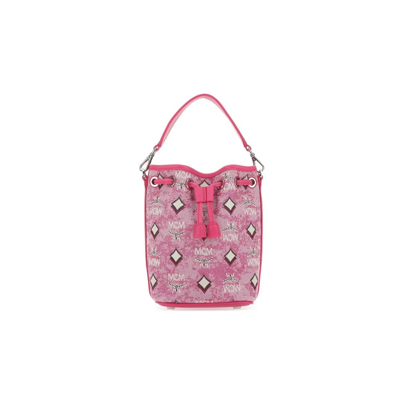 MCM Floral Fabric Cow Leather Patchwork Bucket Bag Crossbody Handbag Shoulder Bag Mini Women's Pink