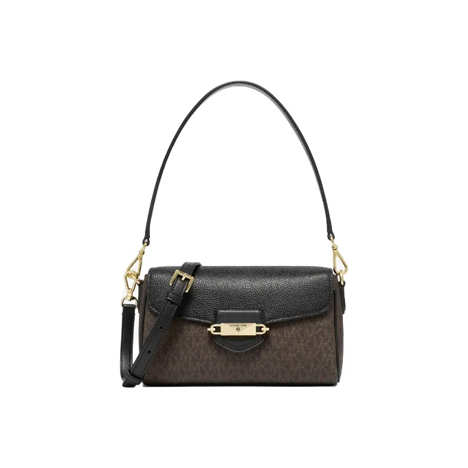 MICHAEL KORS Fleur Коровья кожа Багет Сумка Плечевая Сумка Маленькая Женская Темно-коричневый и Черный