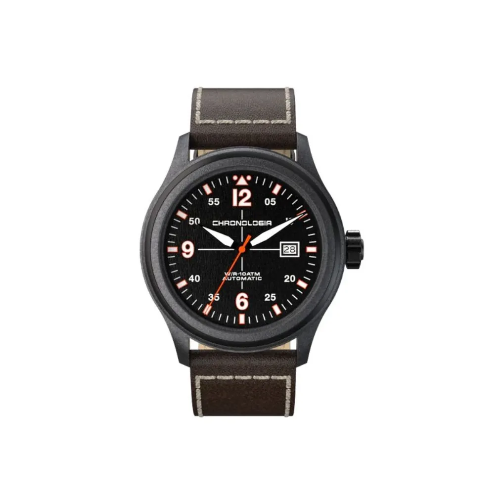 CHRONOLOGIA Pilot Collection Wrist Watch Mechanical Movement Leather Strap Black Dial Men's Watches 78473