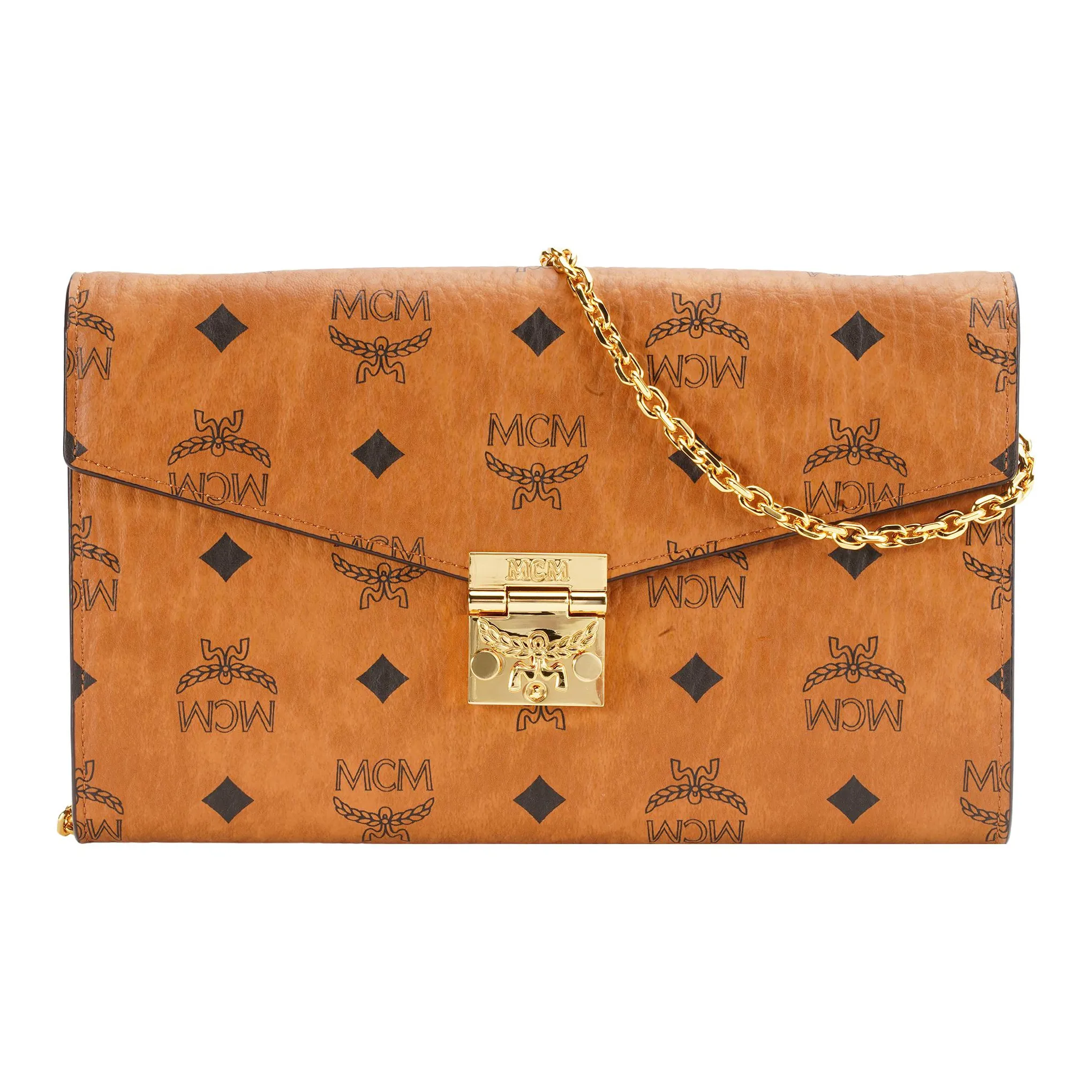 MCM Patricia Visetos Leather Envelope Bag, Chain Bag, Shoulder Bag, Crossbody Bag Women's Brown/Cognac