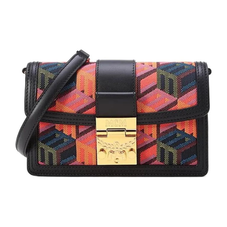 MCM Jacquard Fabric With Cow Leather Shoulder Bag, Crossbody Bag Mini Women's Black, Red & Multicolor