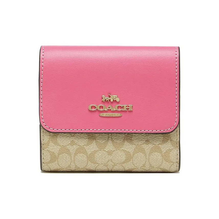 COACH Trifold Wallet Canvas With Leather Coin Purse Wallet Women's Khaki & Pink