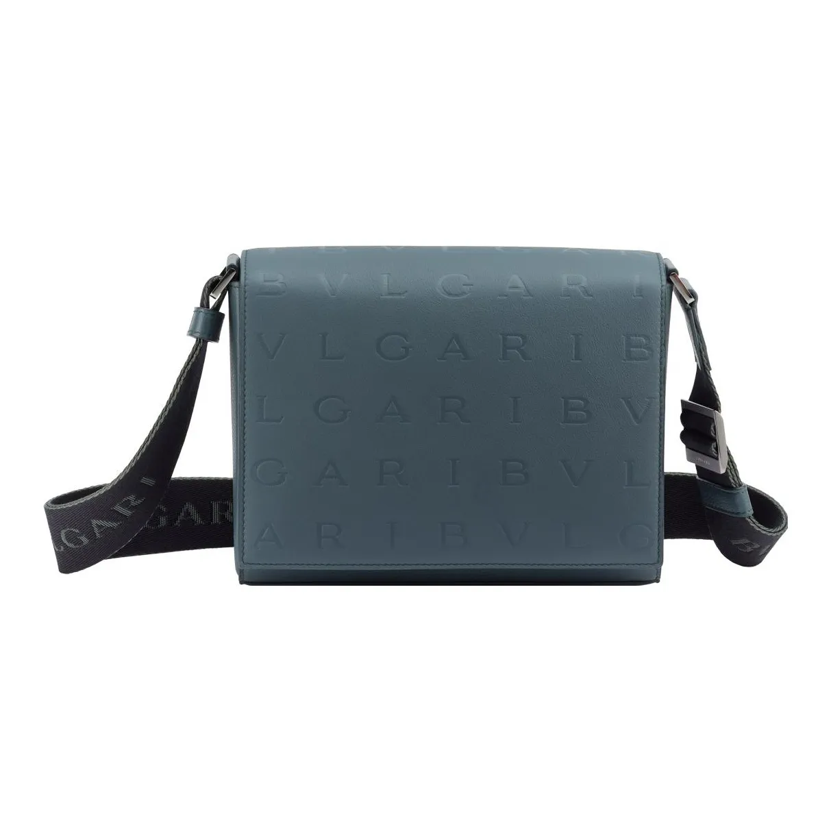 BVLGARI Calfskin Messenger Bag, Shoulder Bag, Crossbody Bag Men's Gray Blue
