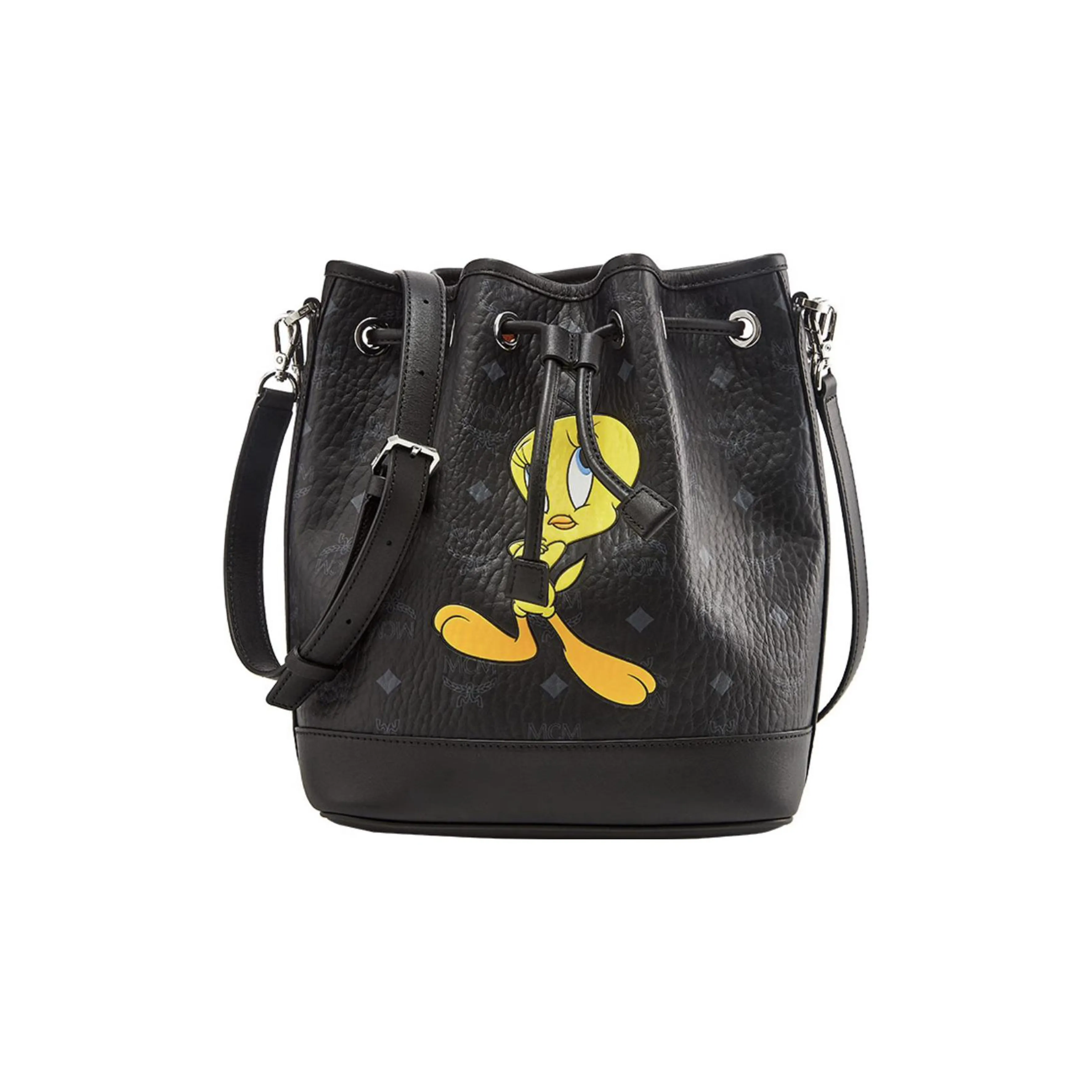 MCM Looney Tunes Collaboration Leather Trim Handbag, Shoulder Bag, Crossbody Bag, Bucket Bag Medium Size Women's Black