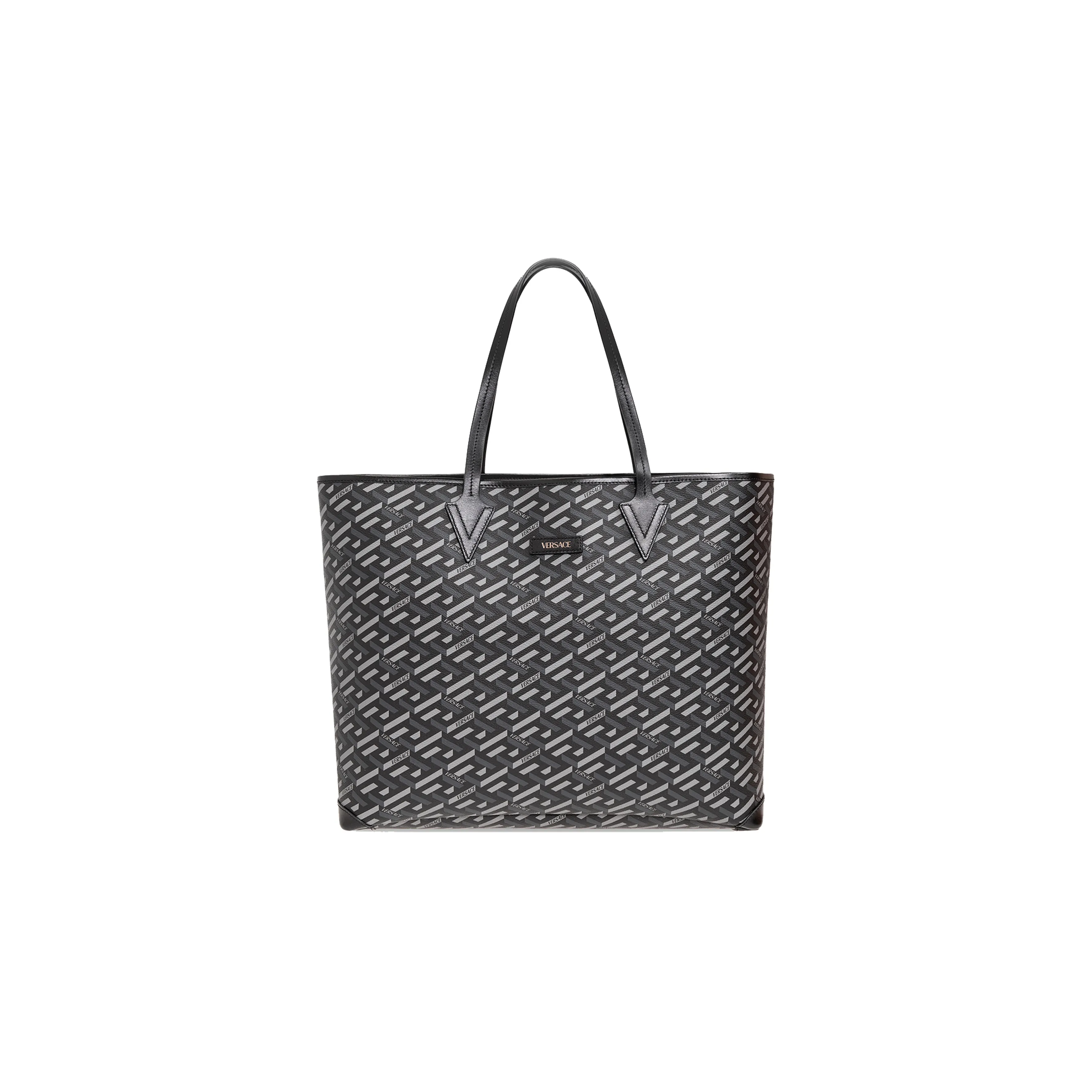 VERSACE Canvas With Calfskin Tote Bag Shopping Bag Shoulder Bag Handbag Regular Unisex Black