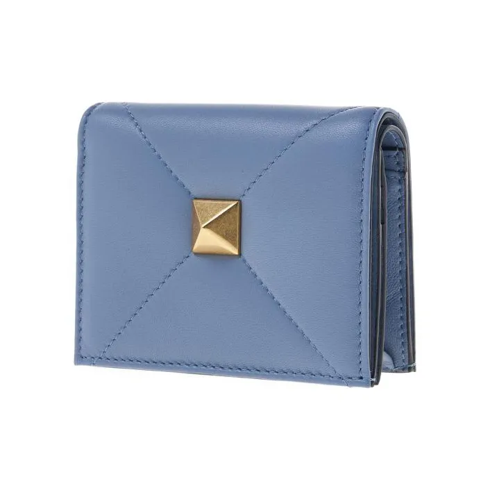 Valentino Roman Stud Napa Calf Leather Card Holder, Wallet Trumpets Women's Blue