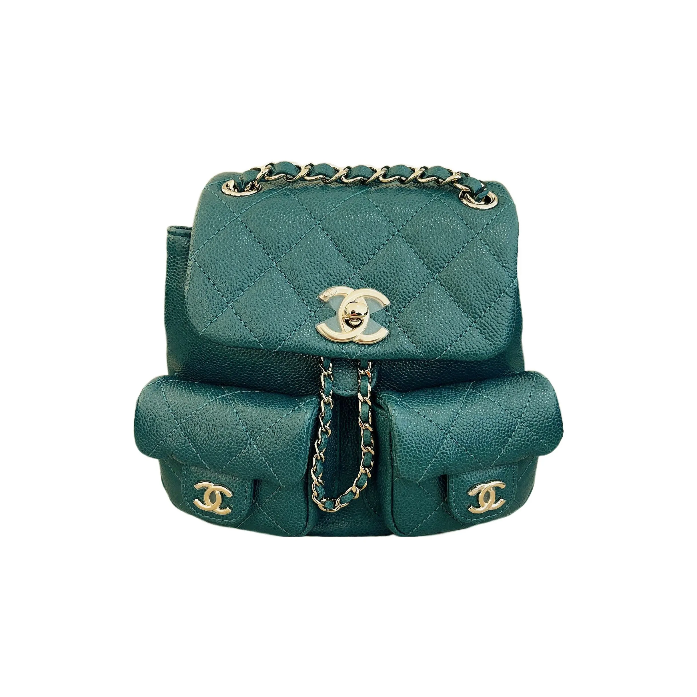 CHANEL 23P Spring And Summer Duma Grain Embossed Cow Leather Backpack Trumpets Women's Green