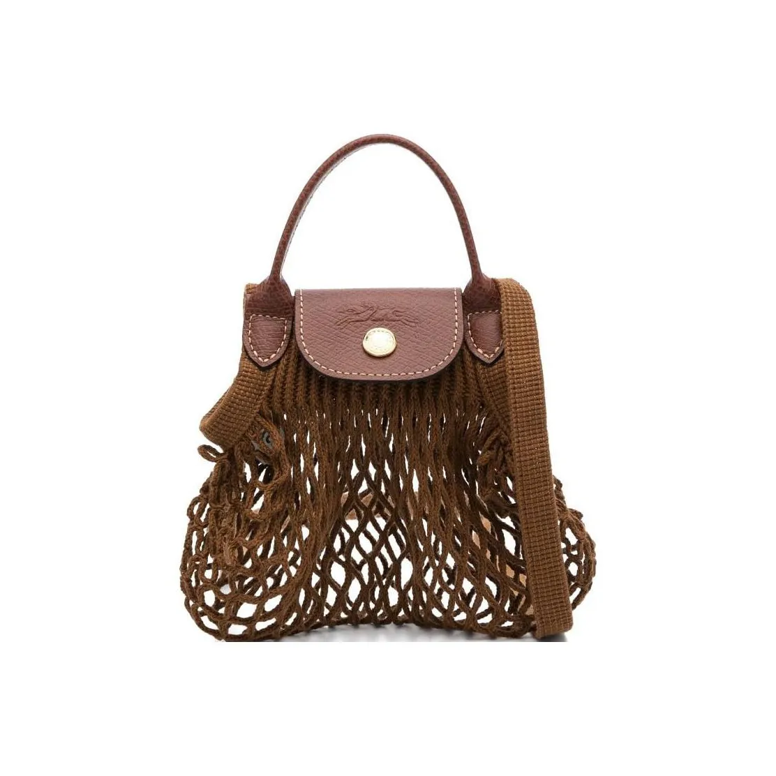 LONGCHAMP Le Pliage Filet 100% Cotton Leather Trim Crossbody Bag Regular Women's Cognac Brown