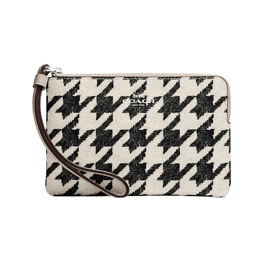 COACH Corner Zip Coated Canvas With Leather Wrist Bags Clutches Small Size Women's Black White