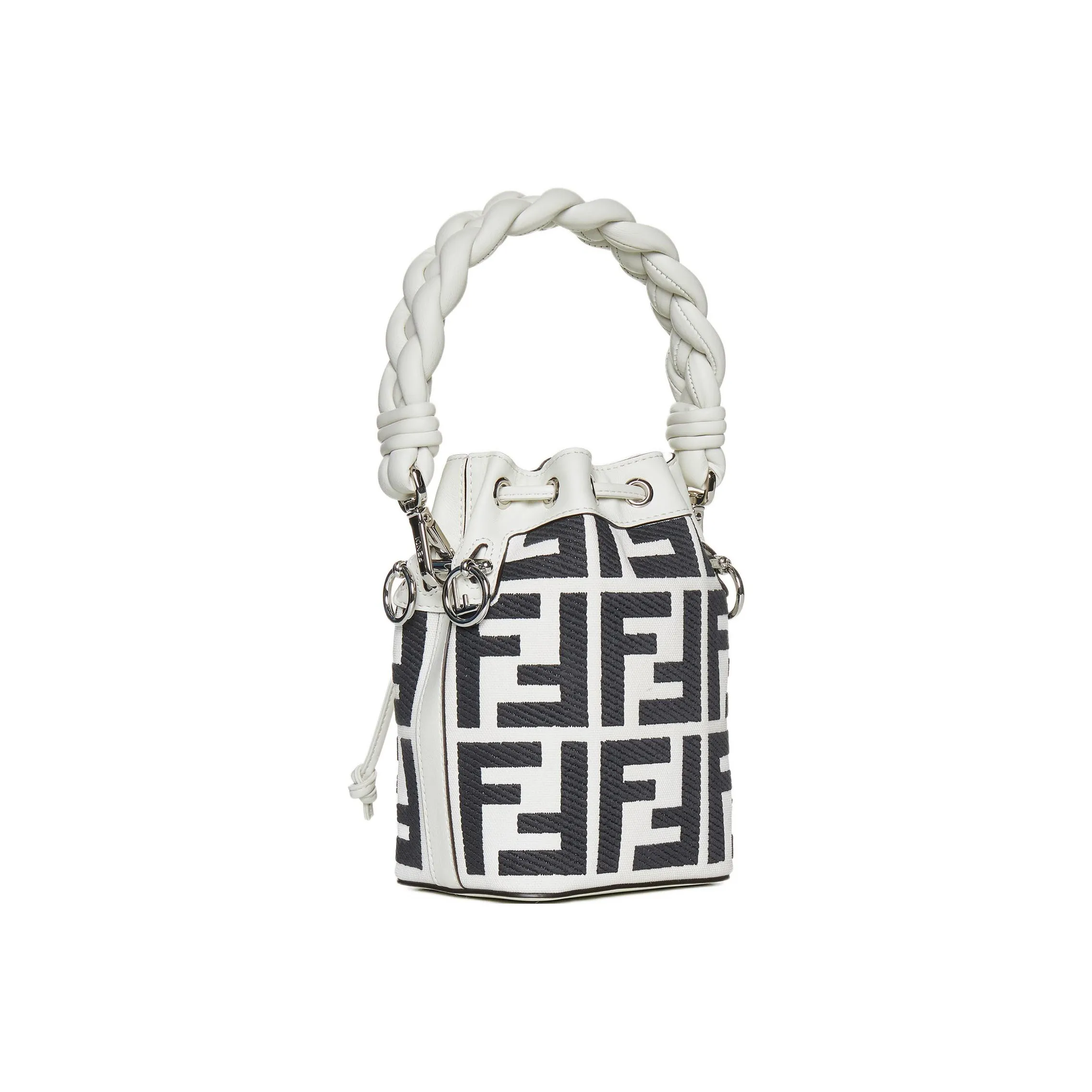 FENDI Mon Tresor Textile, Leather Bucket Bag, Shoulder Bag, Crossbody Bag, Handbag Small Size Women's Black White