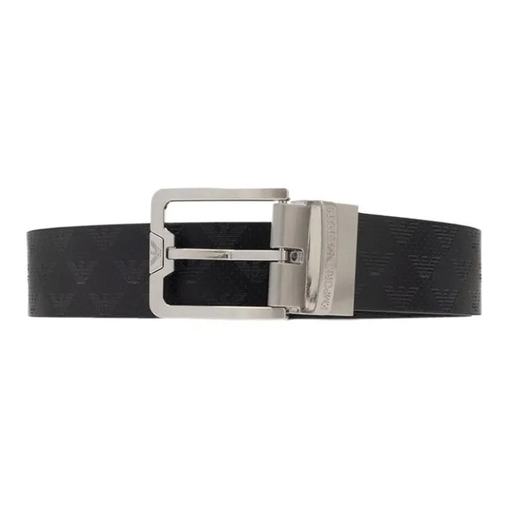 EMPORIO ARMANI Logo Print Business Leather Belts Men's Black Width 3.3cm