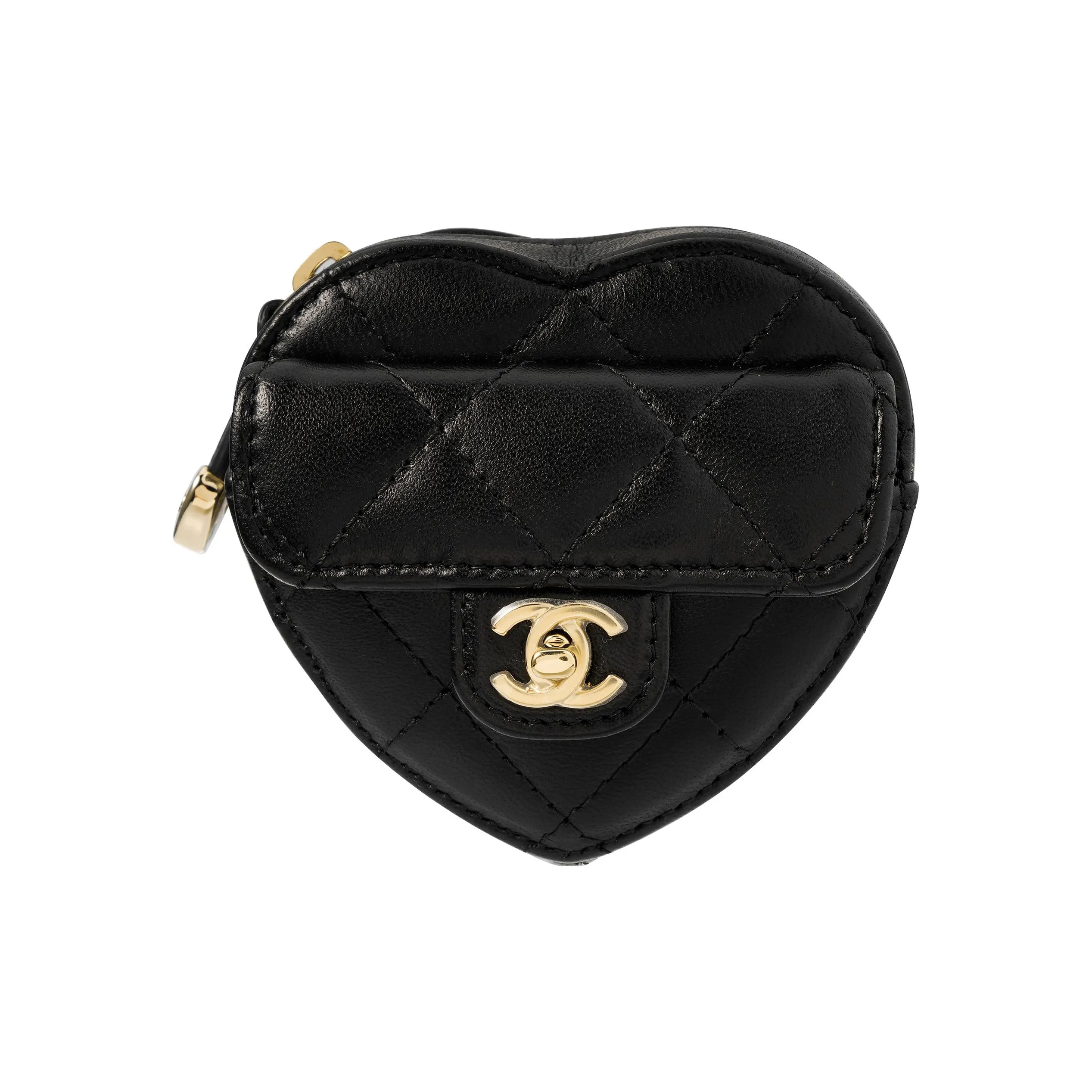 CHANEL 22SS Lambskin Heart Shaped Bag Clutch Coin Purse Wrist Bag Women's Black
