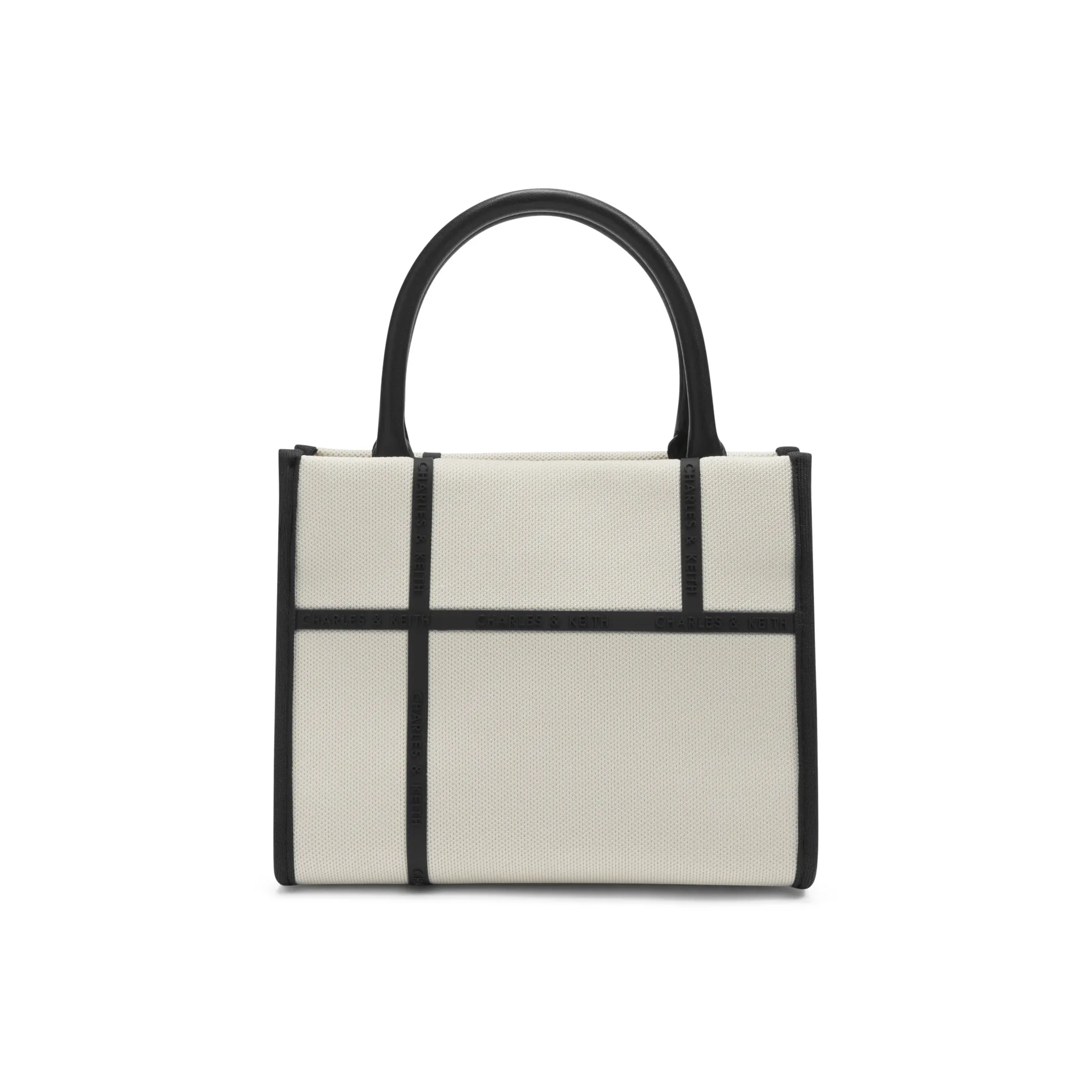 CHARLES&KEITH Fabric Tote Bag, Shopping Bag, Shoulder Bag, Handbag Medium Size Women's Cream Milk White/Black