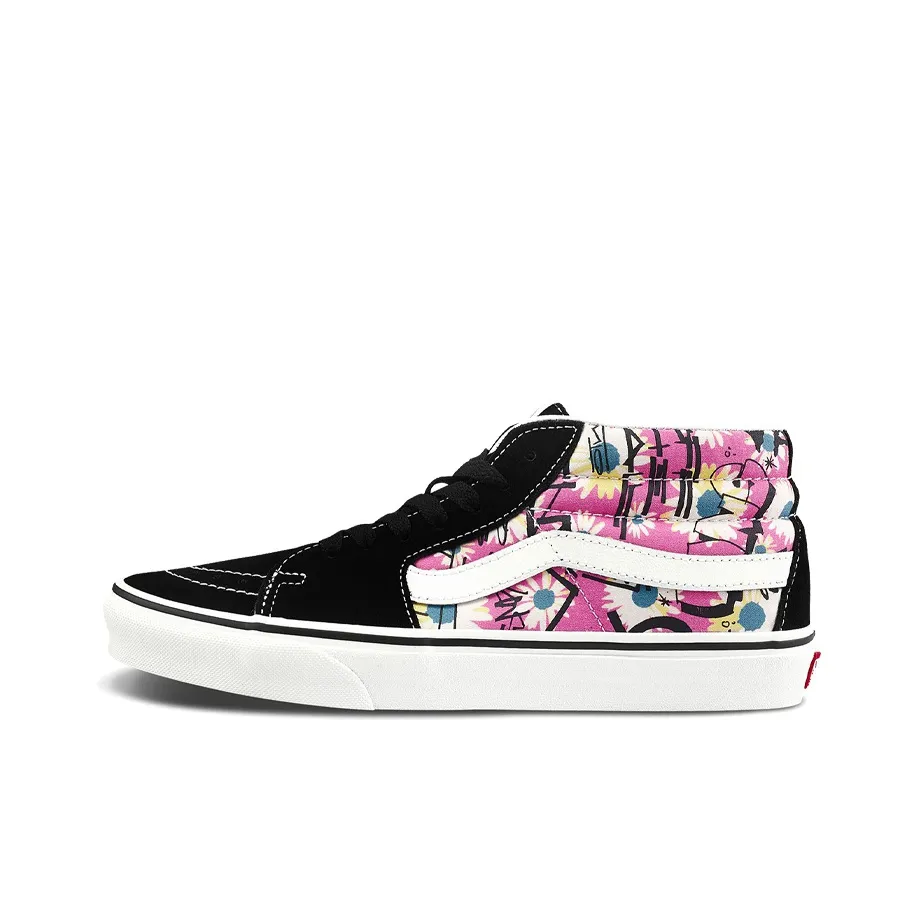 Vans Sk8 Mid Retro High Top Casual Skate Shoes Unisex Flowers Graffiti 'Black Pink White'