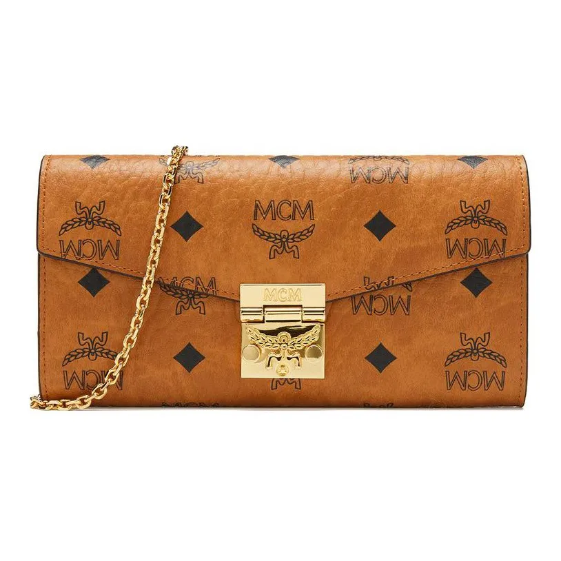 MCM Patricia Visetos Artificial Leather Handheld Shoulder Bag, Crossbody Bag, Wallet Large Size Women's Brown Cognac