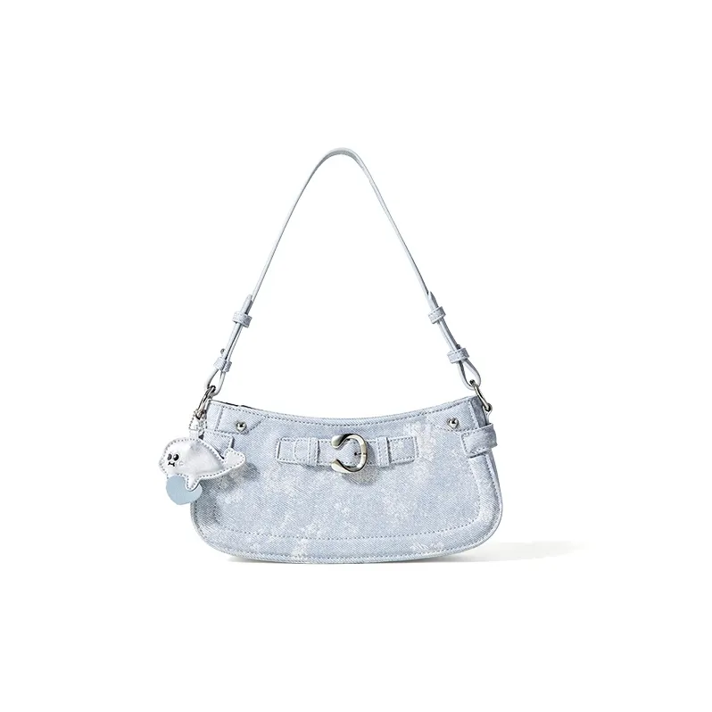 Sound For Life Denim Shoulder Bag, Baguette Bag, Crossbody Bag, Shoulder Bag Women's Blue, White