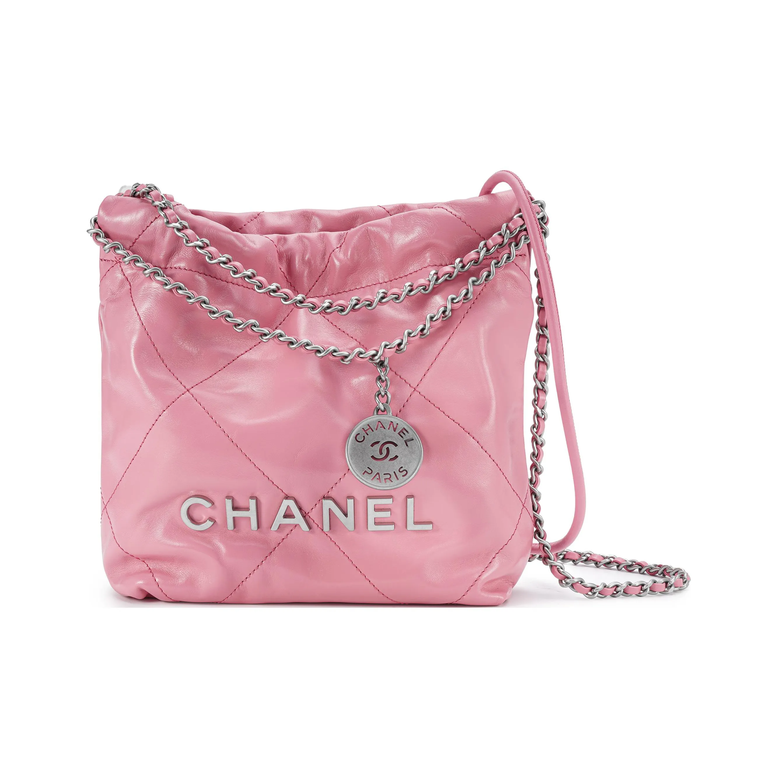 CHANEL 22Bag Shiny Calfskin Bucket Bags Lasercut Crossbody Bag Shoulder Bag Mini Women's Pink