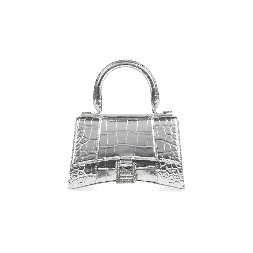 Balenciaga Hourglass Patent Leather Shoulder Bag, Crossbody Bag, Handbag Extra Small Women's Silver