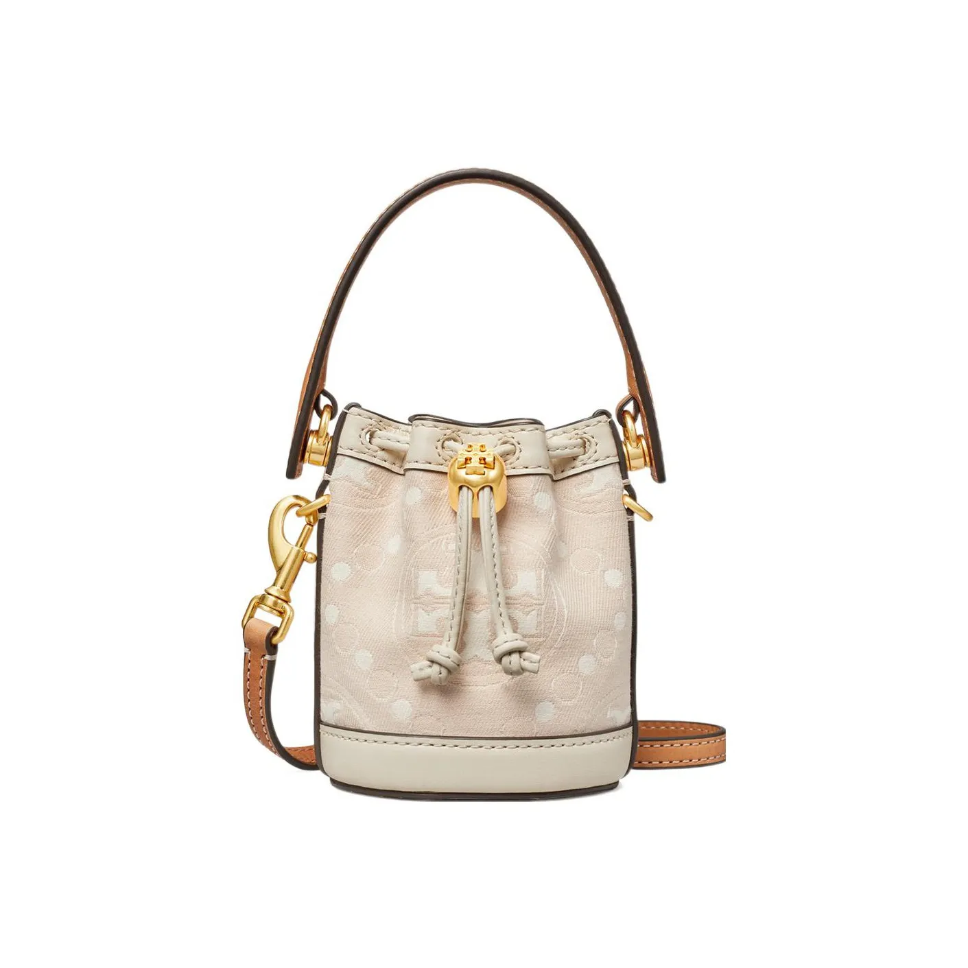 Tory Burch T Monogram Ткань с кожаными вставками Ведрообразная сумка Женская Светло-розовая