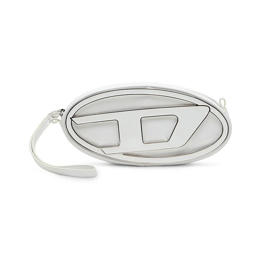 DIESEL Cow Leather Wrist Bag, Clutch, Shoulder Bag, Crossbody Bag Trumpets Women's Silver