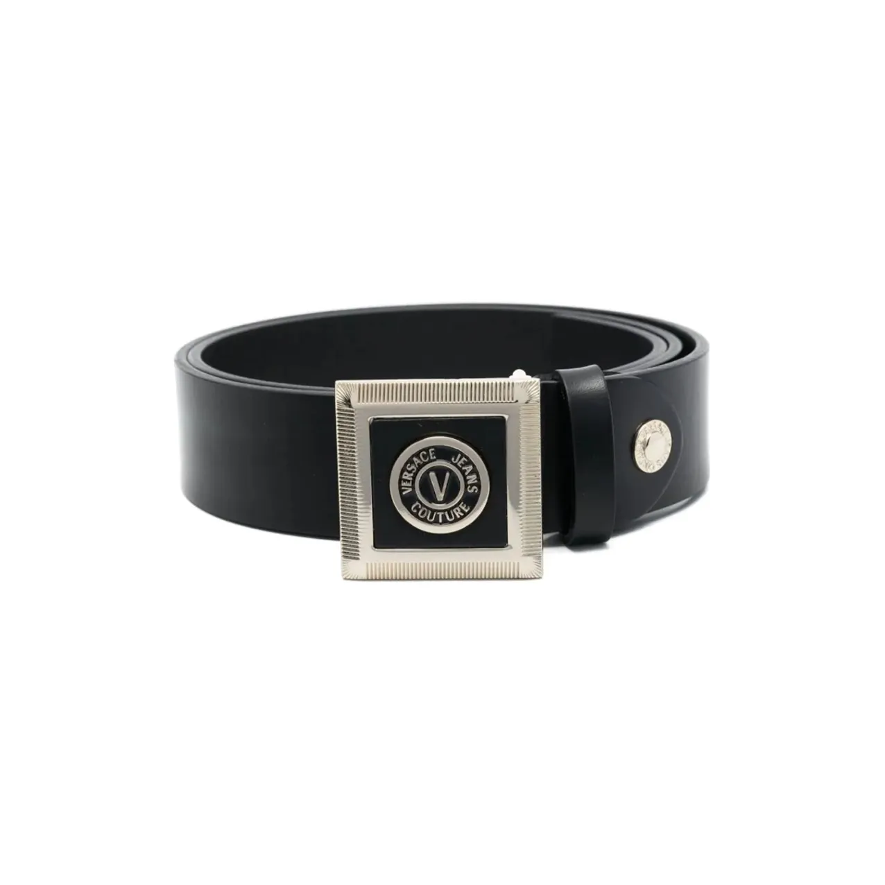 VERSACE JEANS COUTURE V Shaped Badge Smooth Buckle Leather Belts Men's Black Width 4CM