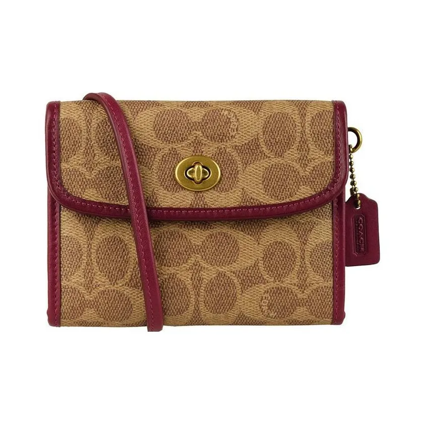 COACH Wallet PVC With Leather Shoulder Bag, Crossbody Bag Regular Women's Brown Monogram & Burgundy