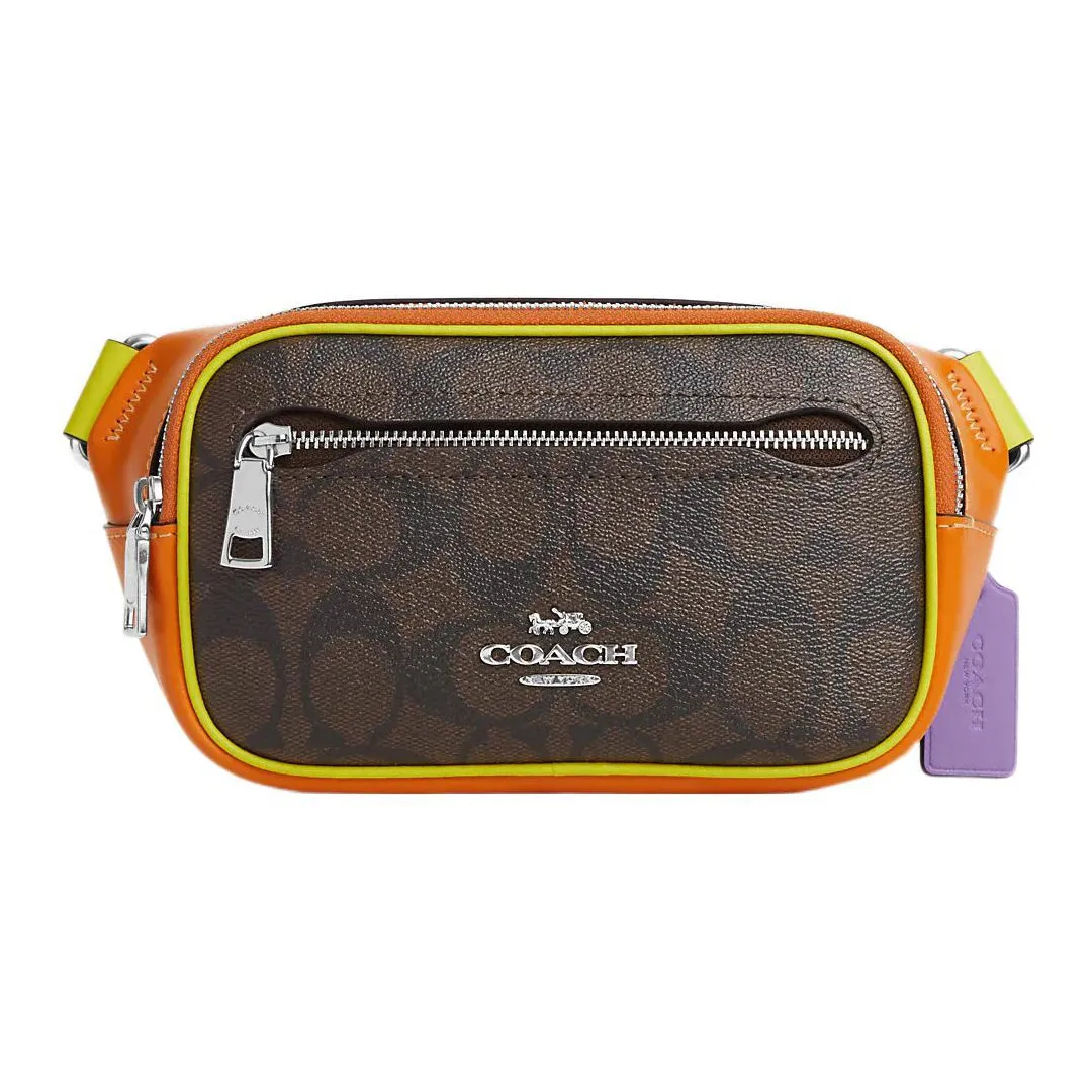 COACH Canvas With Leather Sling Bags One Shoulder Crossbody Fanny Pack Mini Women's Orange & Dark Brown