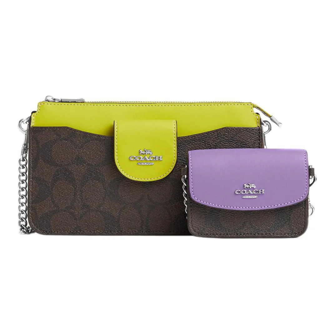 COACH Canvas With Leather Combo Bag, Shoulder Bag, Crossbody Bag Regular Women's Brown & Yellow Purple