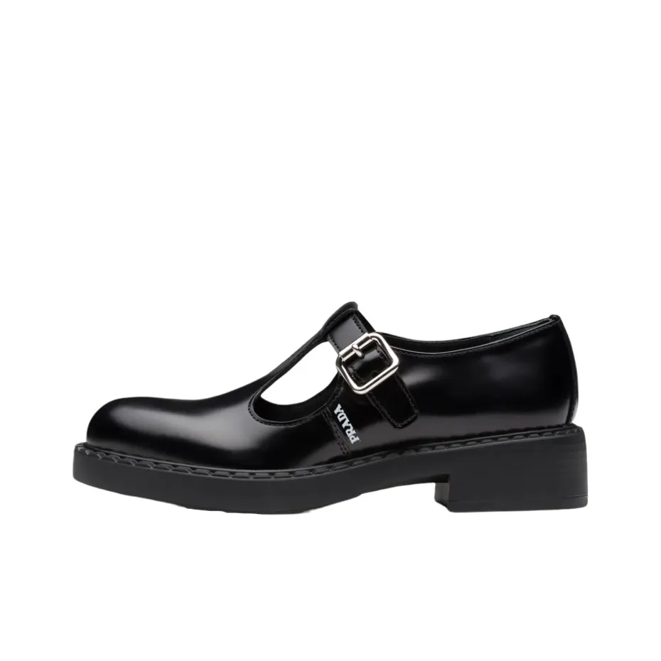 PRADA Mary Jane 50mm T Strap Shoe Black Brushed Leather Women's