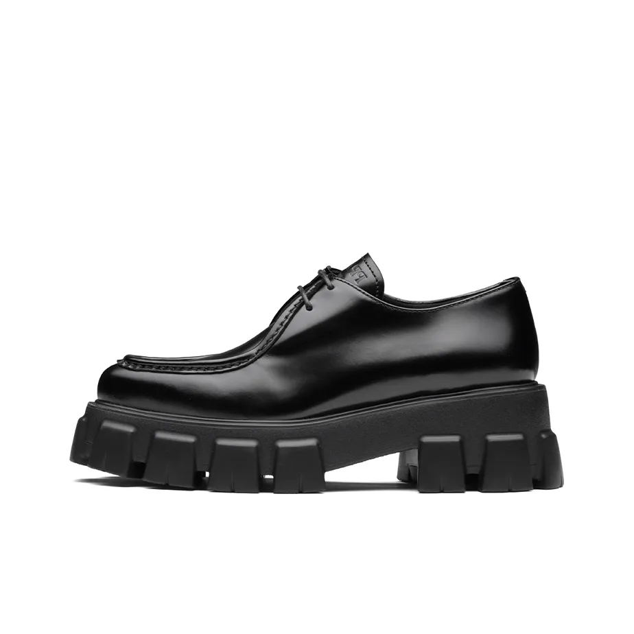 PRADA Monolith 55mm Pointy Lace Up Loafer Black Brushed Leather Women's