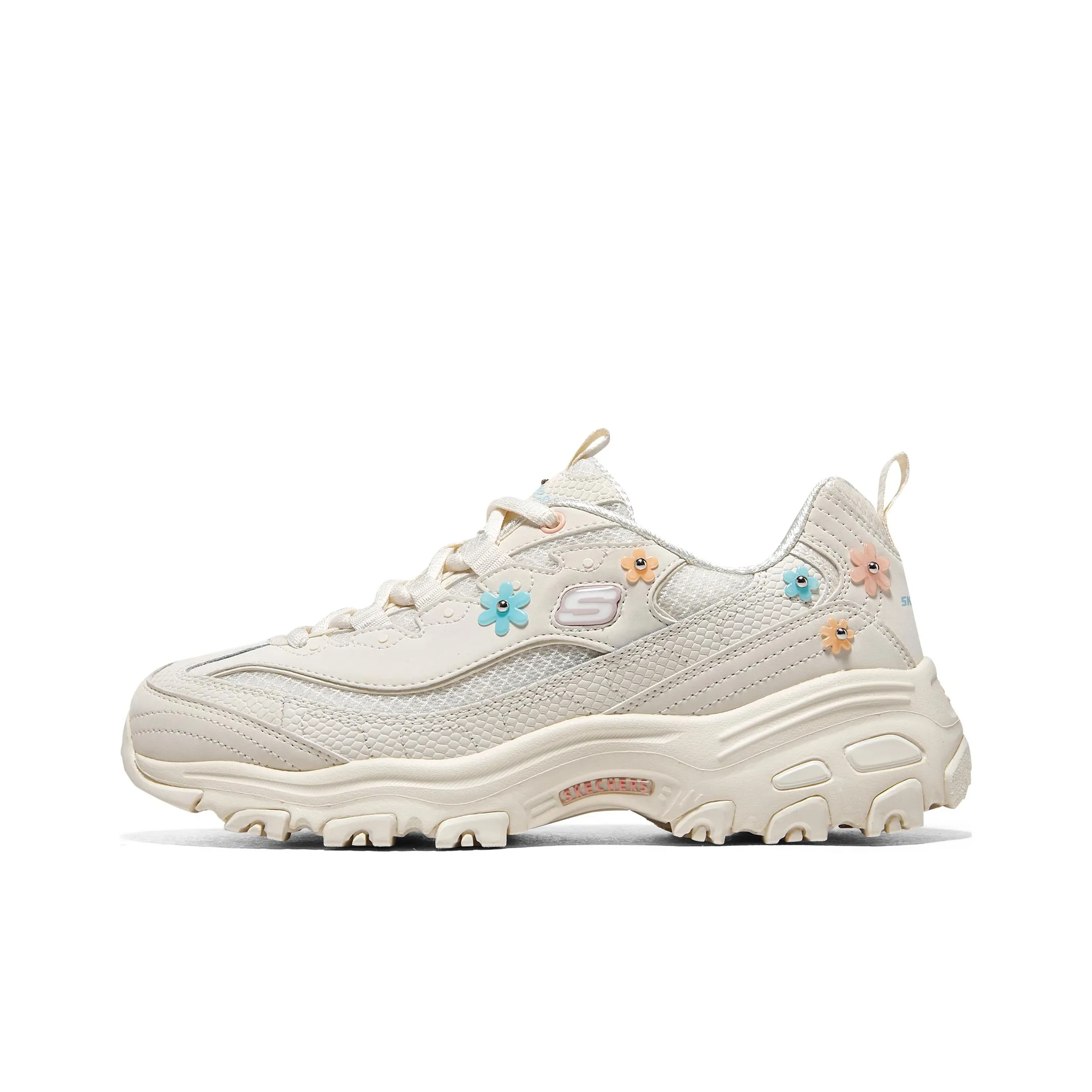 Skechers D'LITES 1.0 Flower Heart Bear*2 Low Top Chunky Sneakers Women's Beige White Blue
