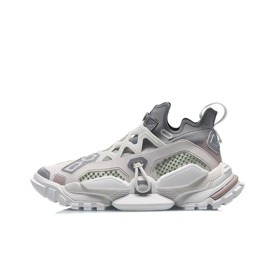 LiNing Rekindled Slip Resistant, Abrasion Resistant, Lightweight Low Top Chunky Sneakers Unisex White Gray