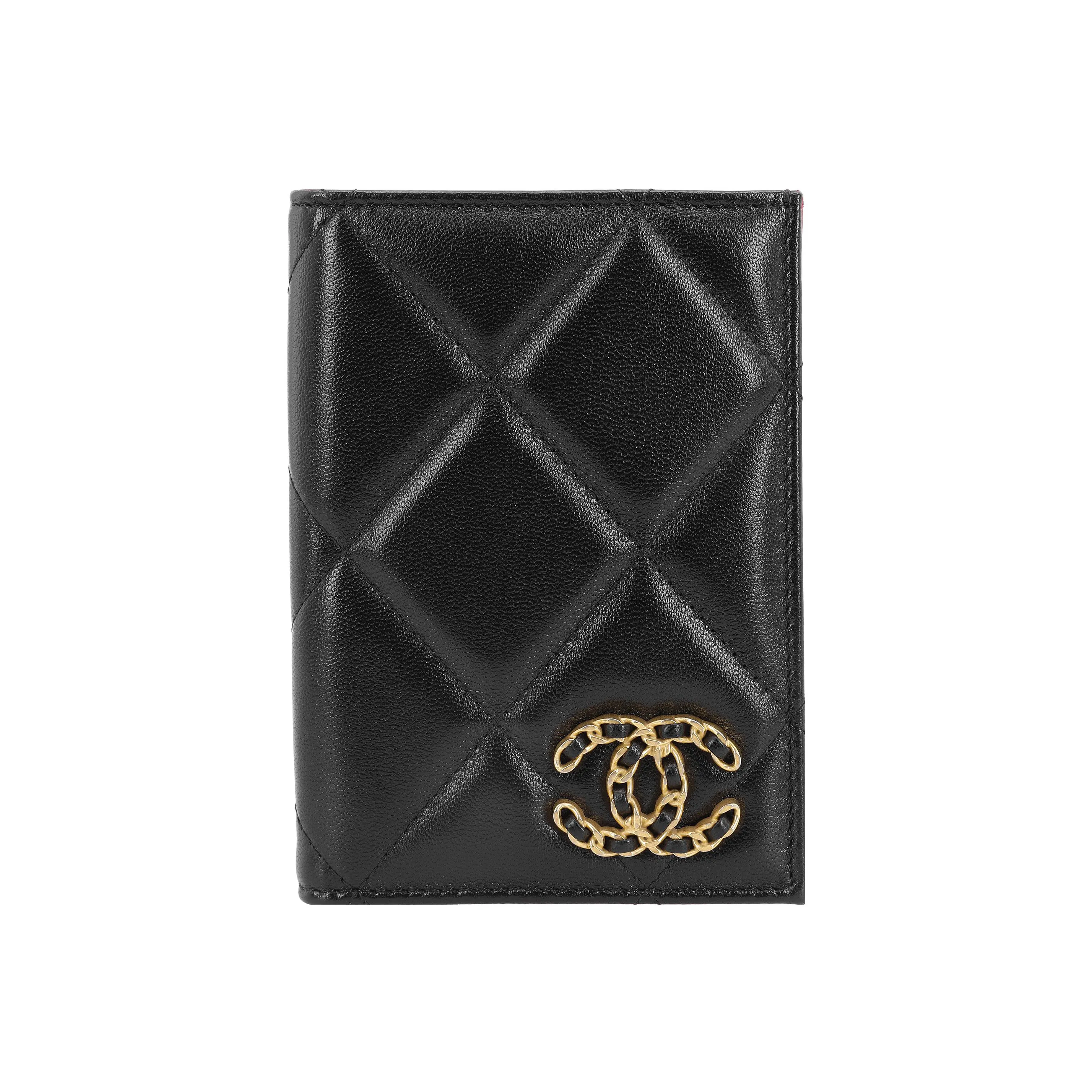 CHANEL Sheepskin Passport Holder, Card Holder, Coin Purse, Wallet Women's Black